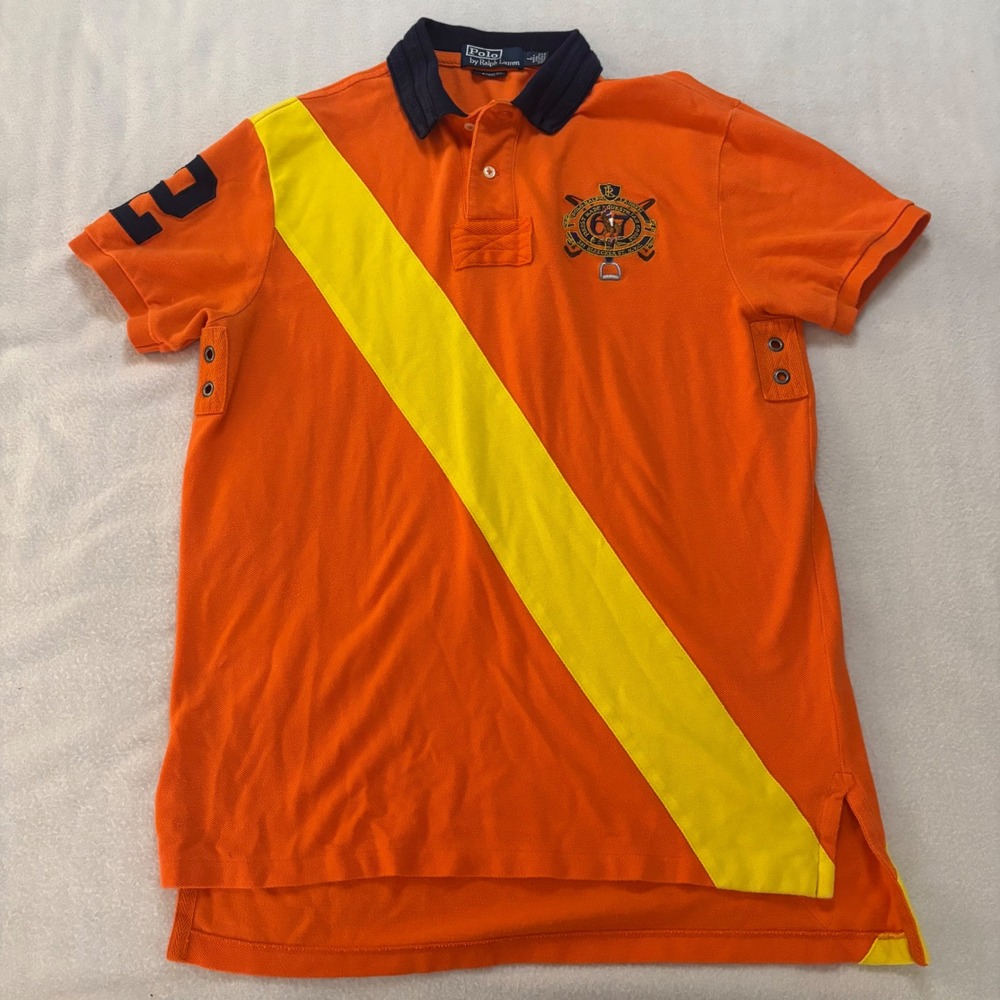 Polo Ralph Lauren Mens Orange Yellow Sash Equestrian Crest Polo Shirt Large